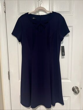 Navy Short-Sleeve Fit & Flare Dress with Keyhole